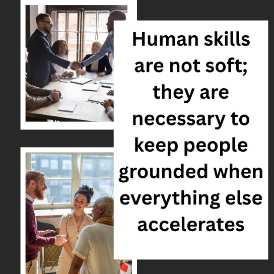 People in conversation, reflecting emotional intelligence, human connection and grounded leadership in a fast changing, tech driven world.